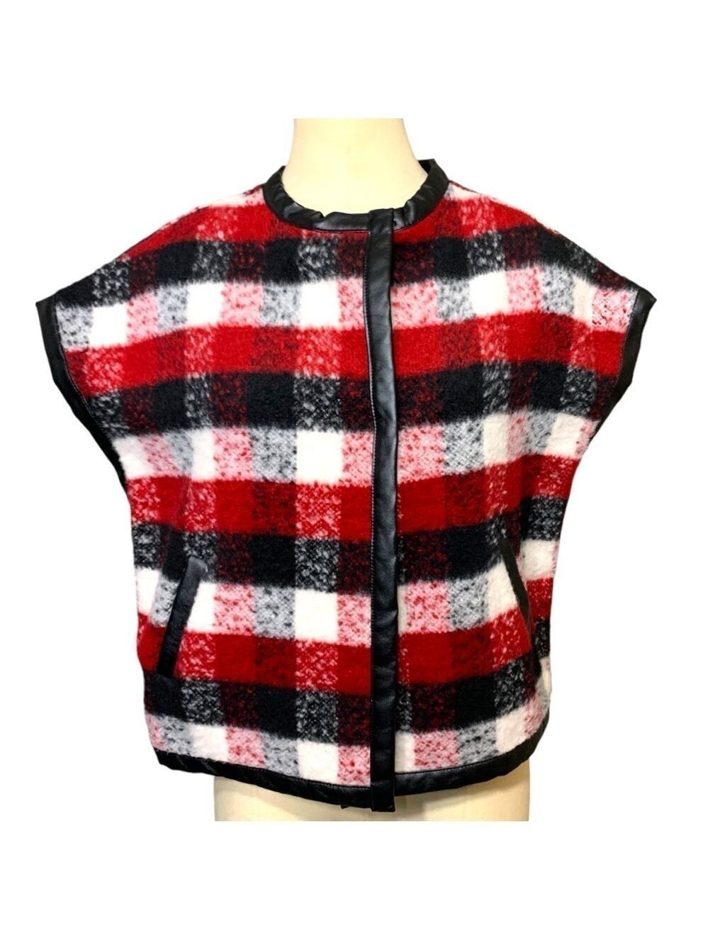 Fleece Sweater Vest Woven Sz S/M Plaid Check Red White Black Faux Leather Trim